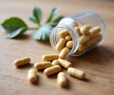 Cápsulas de suplementos naturais em um frasco de vidro, com elementos de madeira e luz suave.