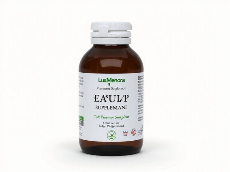Frasco de suplemento natural LusMenora visto de frente, mostrando o rótulo com o nome do produto e algumas informações.