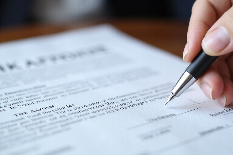 Legal document with a pen and a hand signing it, symbolizing agreement to terms and conditions.